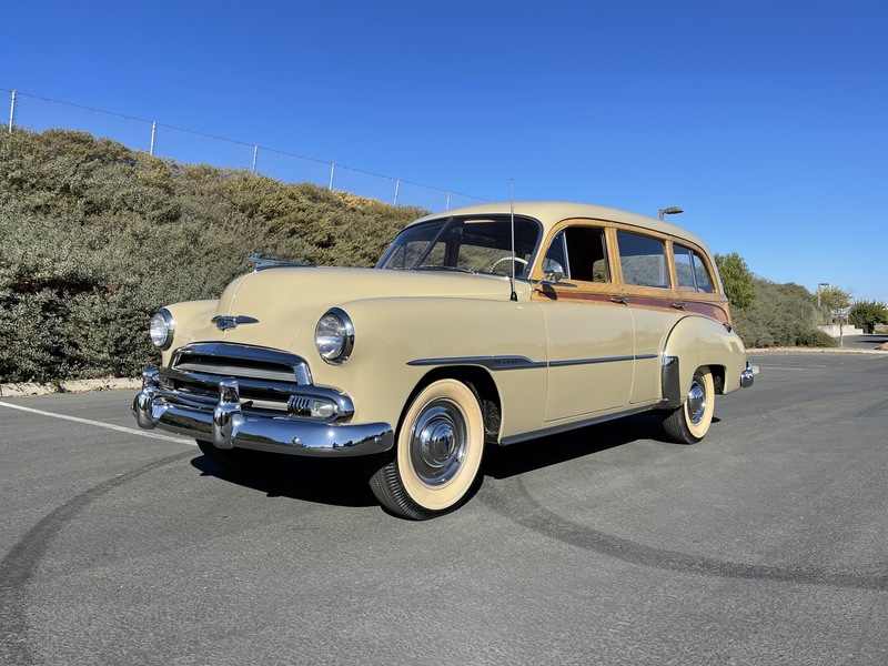 1951 Chevrolet Styleline Deluxe Tin Woody Wagon — exterior of the exact listed vehicle